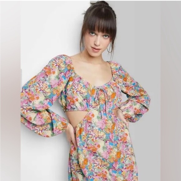 Wild fable Fit & Flare Long Sleeve Floral Cutout Dress. Size M - Picture 6 of 14